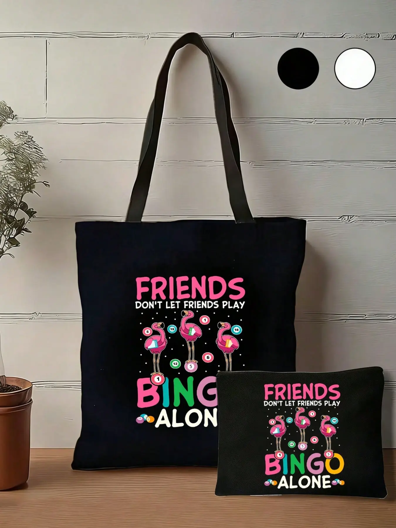 Fashionable Foldable Canvas Shoulder Bag with Bingo and Flamingo Pattern, Reusable Shopping Bag for Travel, Gym, Beach, Work, Daily Use