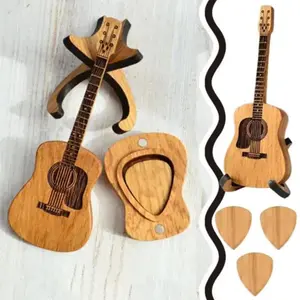 Wooden Guitar Pick Box with Stand Mini Guitar Shaped Pick Holder New Wooden Guitar Pick Holder Unique Engraved Guitar Decoration