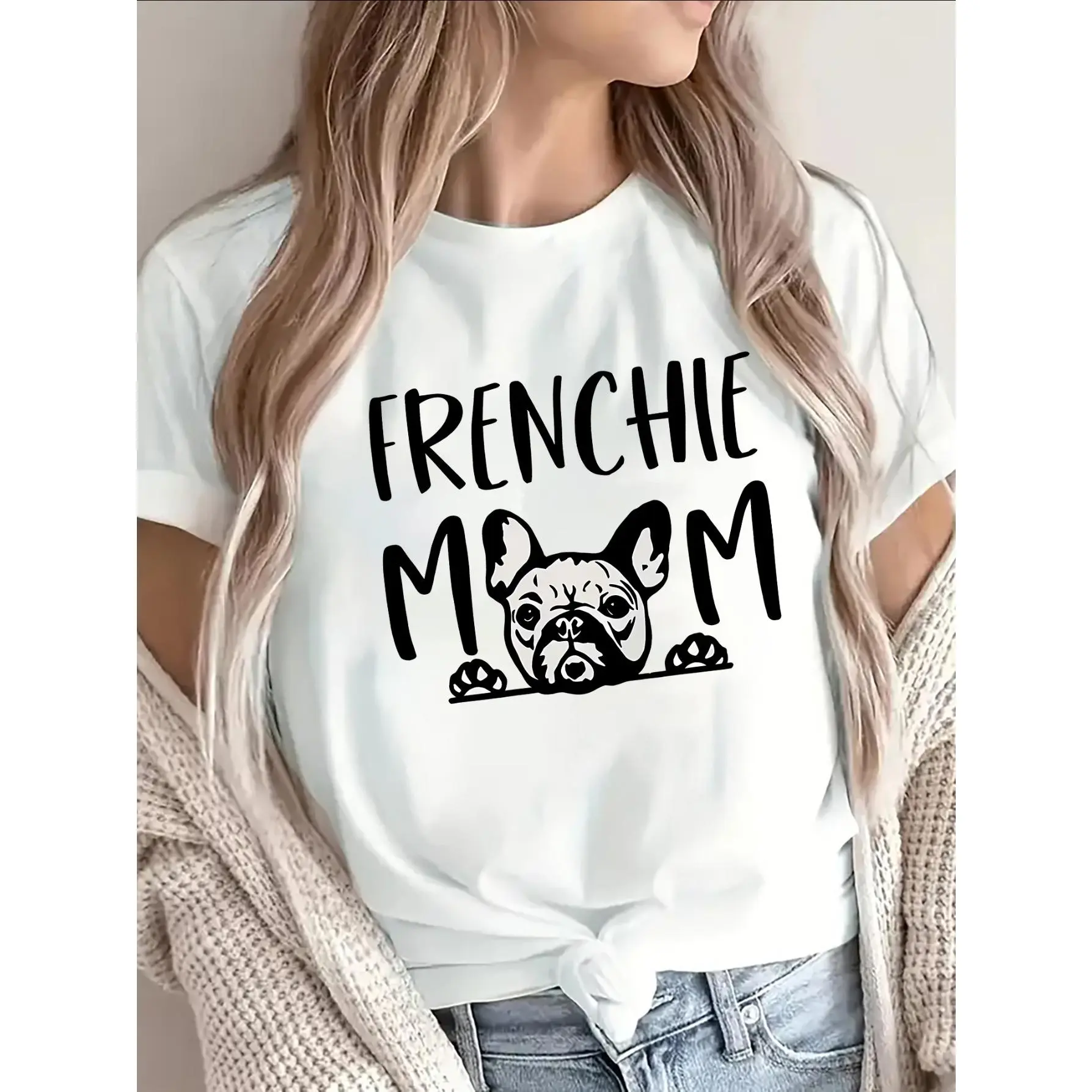 Ladies French Bulldog Mom T-shirt-cute frenchie pa unisex soft cotton short sleeve t shirt, vintage graphic casual tee for men women teens, perfect birthday holiday gift for camping travel gym daily street  wear