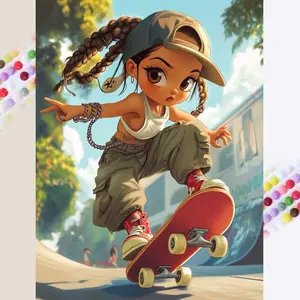 1 set of DIY diamond painting kit, 5D diamond art set, DIY decor skateboard action, sportswear, braided hairstyle. Mosaic, diamond art, DIY art home decor.