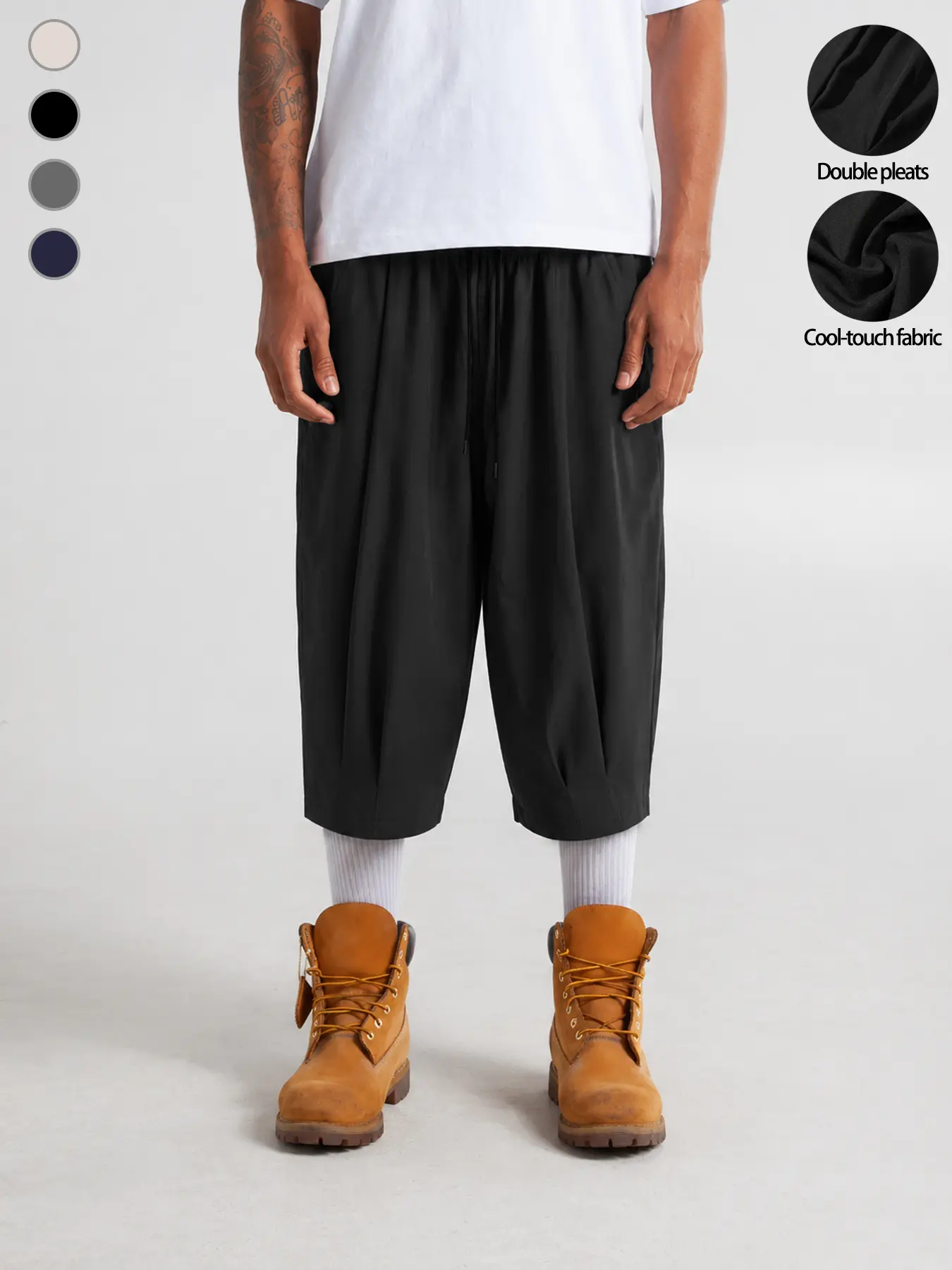 Men's Ice Silk Relaxed Fit Medium-Length Better-Fitting Capri Shorts - Below Knee Calf Length, Drawstring Waist, Micro-Tapered Hem, Double Pleat Front, Slash Pockets, for Summer, Gym, Casual Wear, Medium-Length Men's Shorts