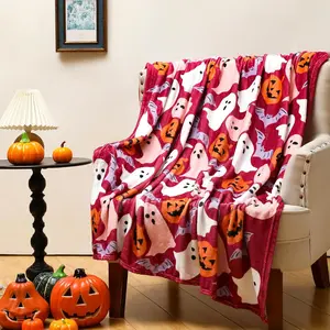 50'' x 60'' Halloween Pink Throw Blanket Flannel Ghost Pumpkin Bats Blanket Cute Throw Blanket Fuzzy Soft Blanket Pink Halloween Decoration for Party Bed Sofa Living Room