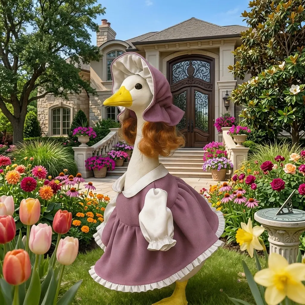 Handmade Victorian Goose Apparel Set - Adjustable, Simple, Aesthetic Matching Outfit for 23-in Porch Statue, Includes Purple Ruffled Dress, Auburn Wig & Bonnet Hat, Ideal for Outdoor Garden Decor