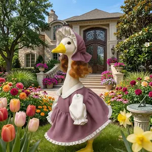 Handmade Victorian Goose Costume Set - Fits 23 Inch Porch Statue, Spring Goose Outfit Cloths Includes Purple Ruffled Dress, Auburn Wig, and Bonnet Hat, Ideal for Yard Art and Outdoor Garden Decoration