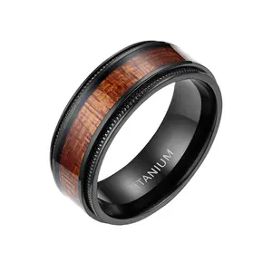 OIDEA 8mm Men's Titanium Wedding Band - Black Wood Grain Inlay Rings, Domed Comfort Fit Classic Band for Engagement Anniversary Gift, Classic Band Rings