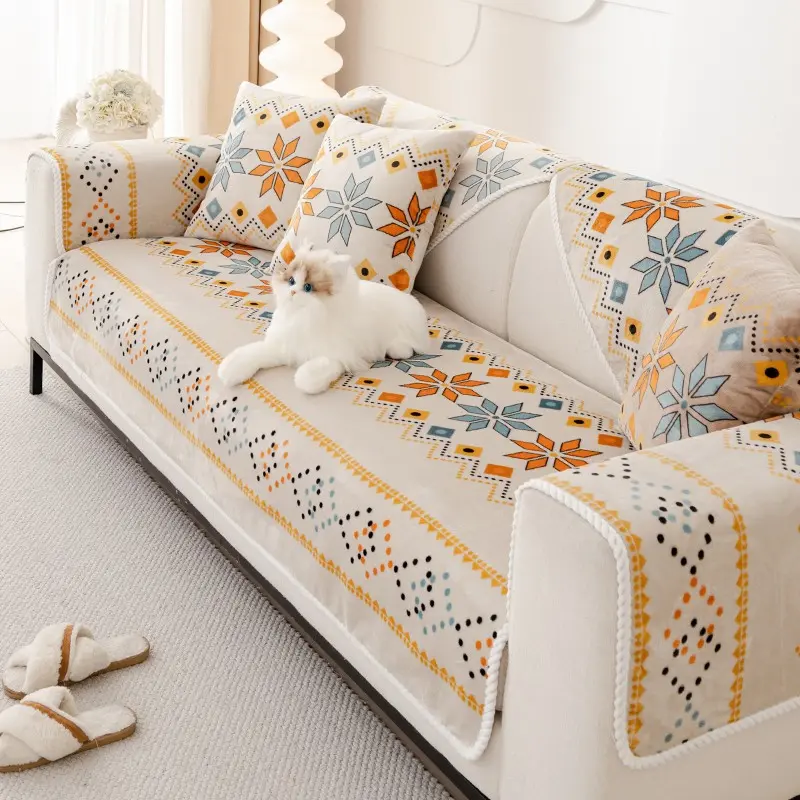 1pc Plush Boho Style Non-Slip Sofa Cushion, All-Season Universal Pet-Friendly Scratch Resistant, Modern Simple Home Decor Protection, Soft Sofa Protector