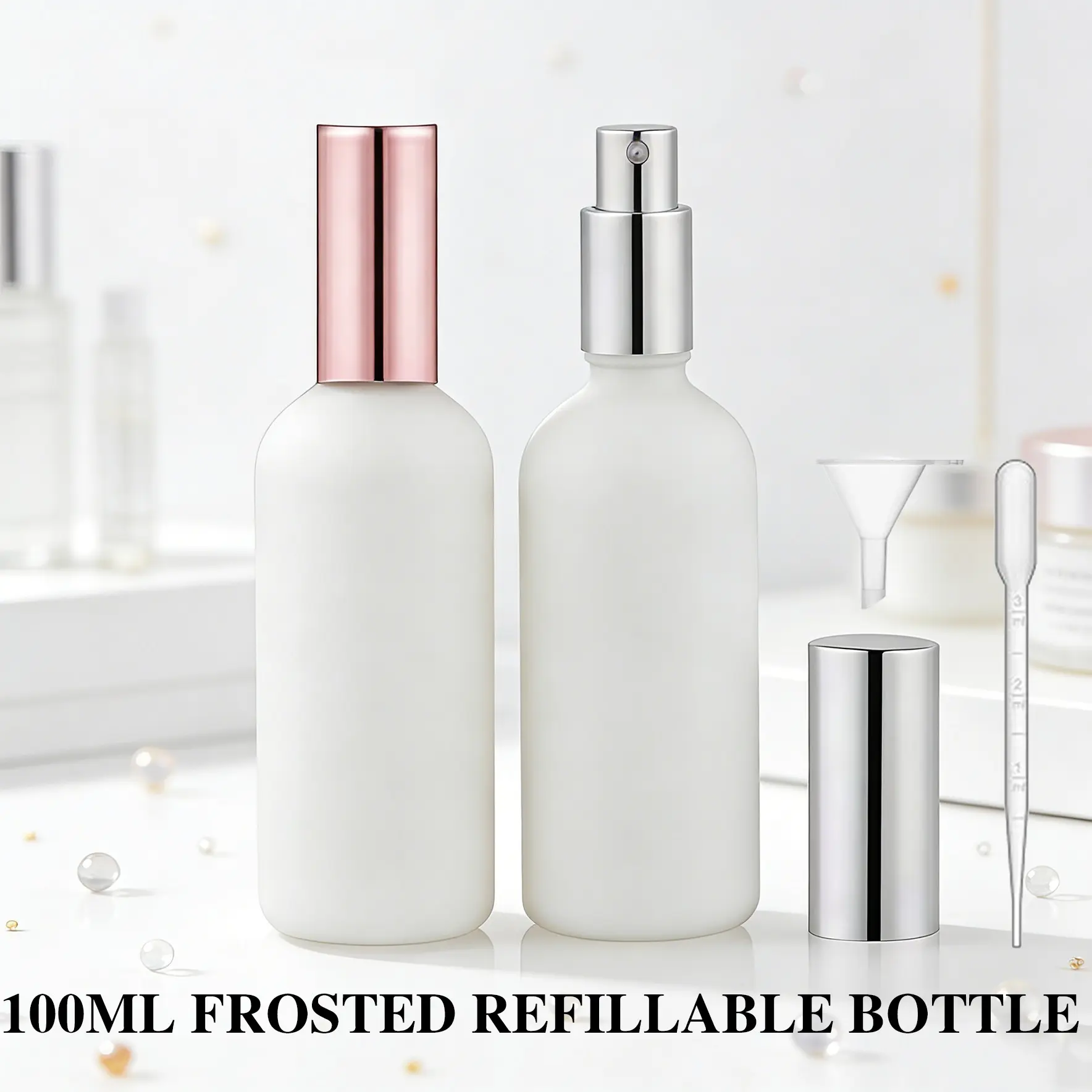2pcs 100ml Frosted Glass Spray Bottles with Lids, 1 Funnel & Dropper, Refillable Design Leak-Proof for Hair Care, Cleaning Spray, Beauty Care, Travel Perfume Atomizer, Cosmetic & Essential Oil Dispensers, Lotion Bottle, Glass Spray Container