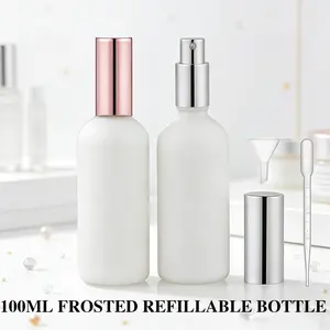 2Pack 100ml Frosted Glass Spray Bottles with Silver & Rose Gold Lids, 1 Funnel & Dropper, Refillable Leak-Proof for Hair Care, Cleaning Spray, Beauty Care, Travel Perfume Atomizer, Cosmetic & Essential Oil Dispensers, Lotion Bottle