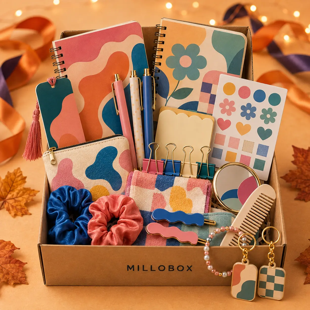 Millobox Colorful Mixed Gift Box with Stationery, Hair Accessories, Mini Pouches and Everyday Accessories, Halloween Gift Idea and Birthday Care Package for Women