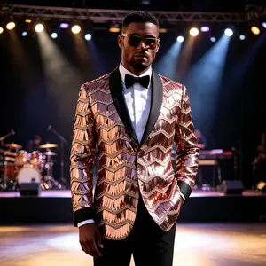 Men's Rose Gold Sequin Tuxedo Jacket, Shiny Fringe Embellished Blazer, Slim Fit Prom Wedding Stage Party Suit Coat