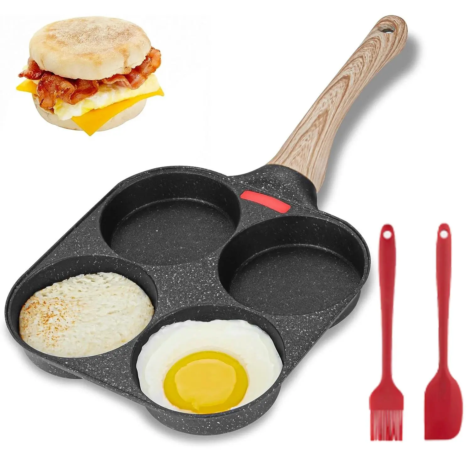 4-Hole Divided Frying Pan, Nonstick Granite Cookware Skillet with Lid and Temperature Indicator, Induction Safe, Four Holes