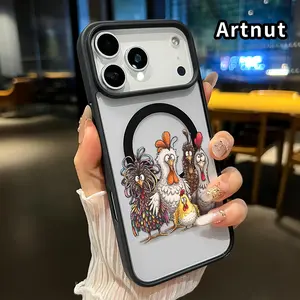 Clear Magnetic Phone Case for iPhone 17 Pro Max 16 Plus 15 14 13 12 11 Air E Quirky Chicken Family Pattern Acrylic Hard Back Soft Silicone Edge Anti-Fall Cover Shell for boy girl