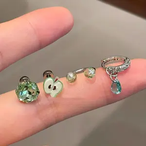 Set of 4 single-sided fashionable green apple stud earrings for women, exquisite and versatile ear cuffs, sweet earrings, bubble earrings, high-end niche stud earrings, suitable for daily casual wear, and as a birthday or holiday gift