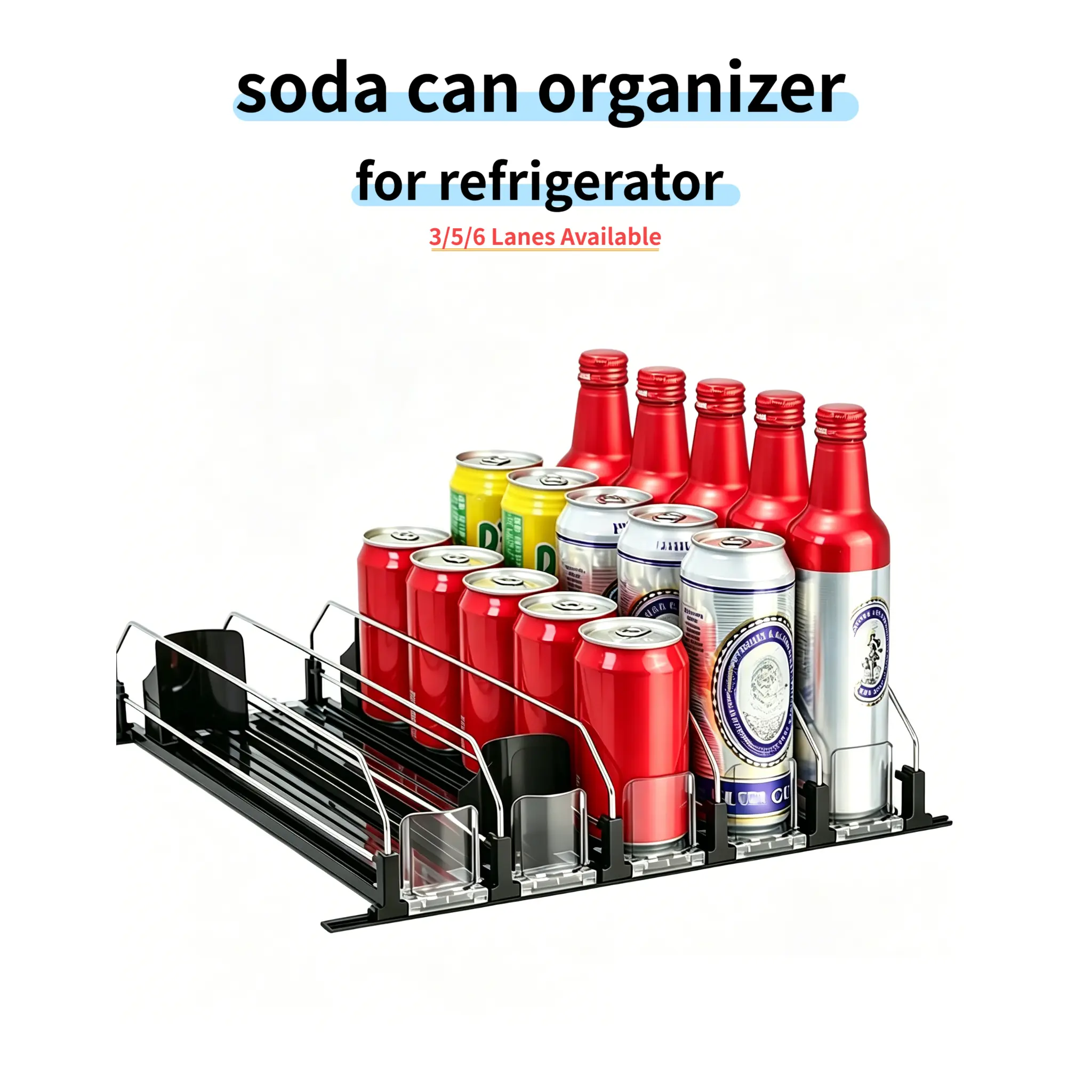 Automatic Drink Organizer for Fridge - 3/5/6 Rows Adjustable Plastic/Metal 380mm Refrigerator Beverage Organizer, Spring-Loaded Home Kitchen Storage Automatic Dispenser Shelving & Storage for Cans and Bottles