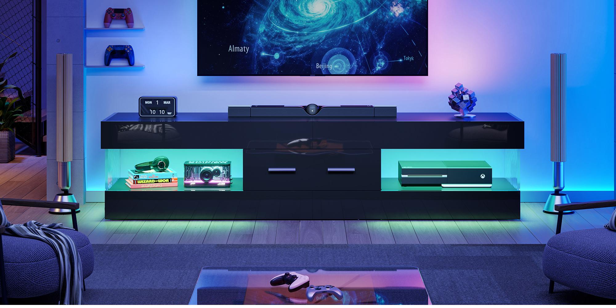 Bestier High Gloss LED TV Stand (67/70in) - Furniture with Storage Drawer, Modern RGB Media Console, Water Ripple Acrylic Side Panels, Remote Color-Changing Lights, Fits Up to 75in TV for Living Room, Apartment & Gaming Room Supplies, Room Decor, House Fu