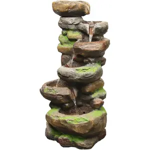 37.4” H Floor-Standing 6-Tiered Cascading Waterfall Fountain with Natural Stone Look & LED Lights – Decorative Water Feature for Courtyard