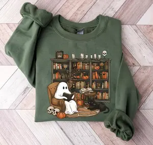 Retro Ghost Reading Books Shirt - Sweatshirt - Hoodie, Librarian Ghost Halloween Sweater, Halloween Teacher Sweatshirt, Ghost Halloween Shirt, Ghost Shirt, Teacher Halloween Gift Shirt, Full Color, For Men, For Women, Casual, Classic Fashion, Tee Print
