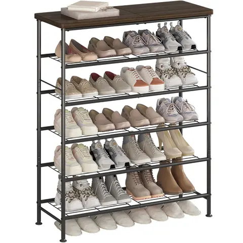 LINZINAR Stackable Shoe Rack Organizer - 4/5/6-Tier Adjustable Rectangle Unit with MDF Top Board, Industrial Wooden Footwear Organization for Dorm Corners, Modern Storage with Shoe Compartment (Assembly Required)