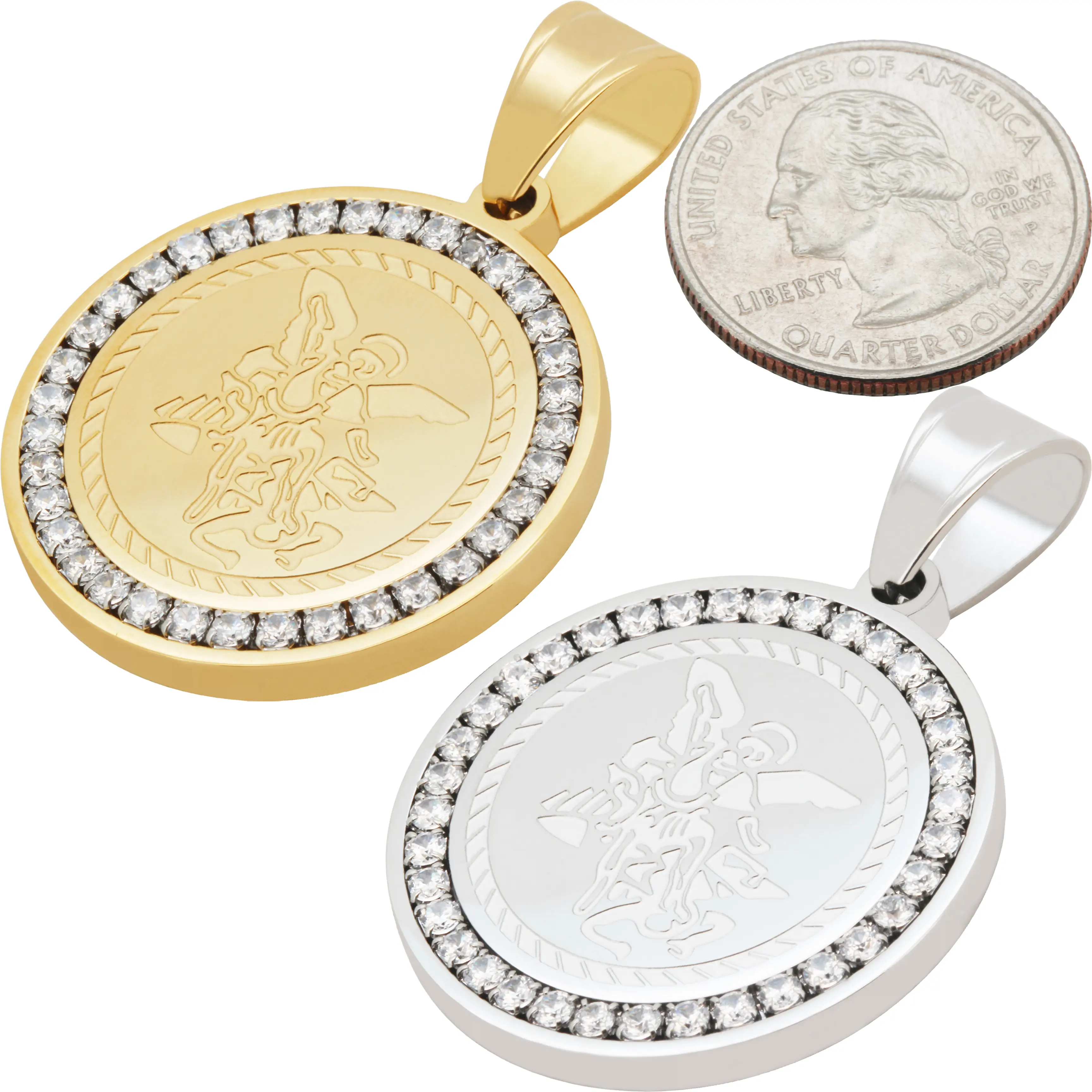 316L Stainless Steel 18k Yellow Gold Plated AAA Cubic Zirconia Saint Michael Round Halo Medallion Pendant