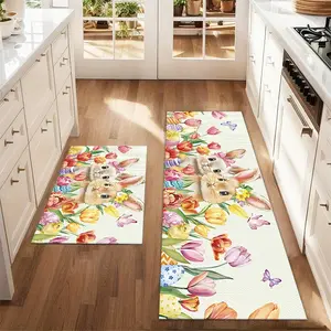 2Pcs Spring Flowers Rabbits Easter Floor mat set including farmhouse kitchen Rug dining room flooring laundry room decorative carpet mat
