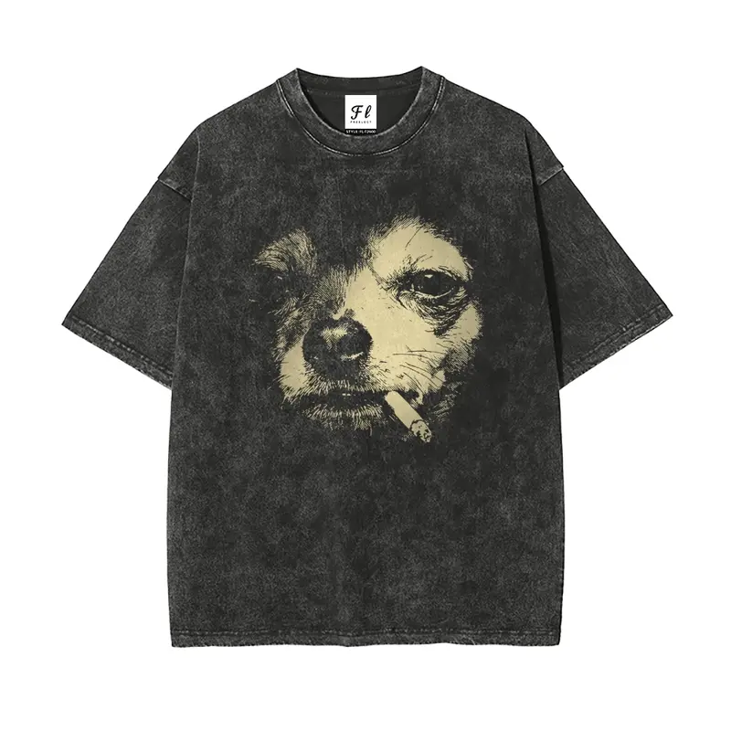 Men's Oversized Chill Smoking Chihuahua Graphic T-Shirt - S-5XL Washed Batik Cotton Casual Top, Stretch Super Soft Pre-Shrunk Unisex Vintage All Season Plus Size Fashion Tee