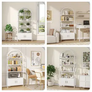Bookcase with Doors Storage, 71 Inches Tall Industrial Book Shelf with Sturdy Metal Frame, E1 Quality Boards, Freestanding Display Shelving Unit Arched Bookshelf