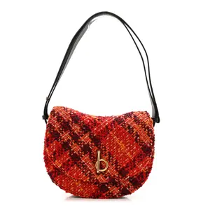 Pre-owned BURBERRY Tweed Crossbody Bags Check Medium Rocking Horse Crossbody Red Black