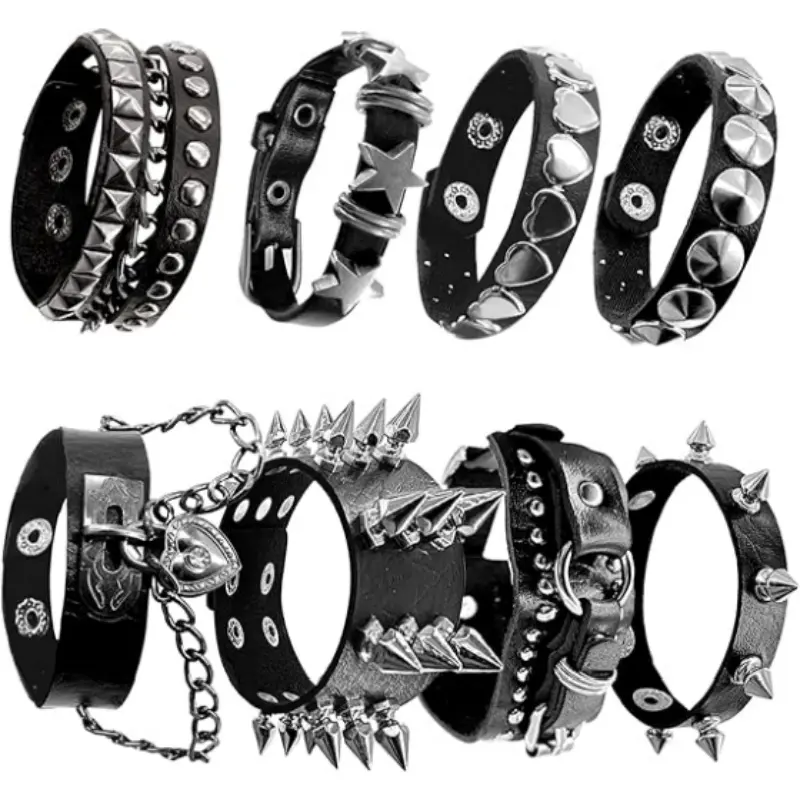 8pcs Spiked Bracelets Emo Bracelets Spike Bracelet Unisex，80s cool rock style, a must-have for parties, music festivals, and motorcycle enthusiasts