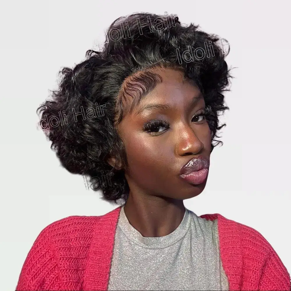 ldoli Hair 8 Inch 13X1 Pixie Cut Curly HD HumanHair Wig -Natural Black Color, 180% Density Lace Front Hairline
