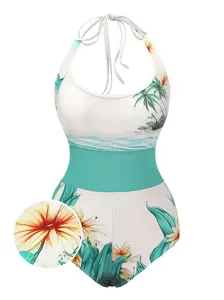 1950S COCONUT TREE & BEACH PATCHWORK SWIMSUIT Tummy Control Swimwear