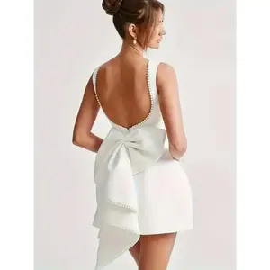 New Women's Elegant A-Line Sleeveless Dress with Pearl Accents & Removable Bow - Slim Fit Zipper Back, Machine Washable Polyester wedding gown Womenswear Fabric Solid Basic