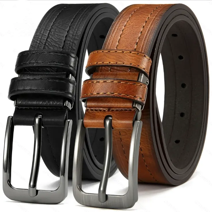 Men’s Casual PU Leather Jeans Belts 2Pack(1 1/2” Wide 4MM) 38"-40"Waist Adjustable Thick Alloy Prong Buckle Work Dress Belt for Men Dress Casual Golf