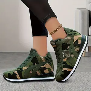 Women's Camo Height-Increasing Sneakers Slip-On Lace-Up Low-Top Comfort Lightweight Breathable Sporty Casual Shoes with Hidden Lift All-Season Green Camouflage Design EVA Material