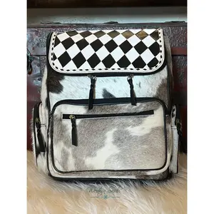 Checkered Cowhide Material Backpack, Functional Laptop Luggage Bag, Checkered Pattern