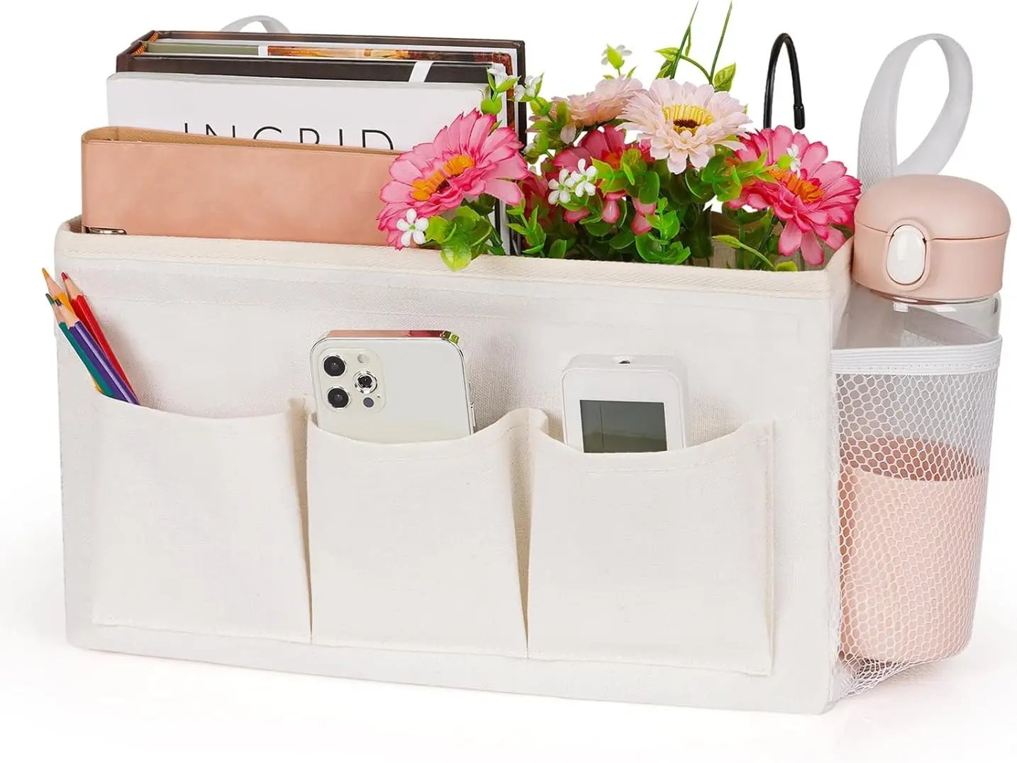 Bedside Caddy Storage Organizer with Fixed Straps and Water Bottle Holder for Home, College, Dorm, Bunk/Hospital/Crib Bed Rails, White