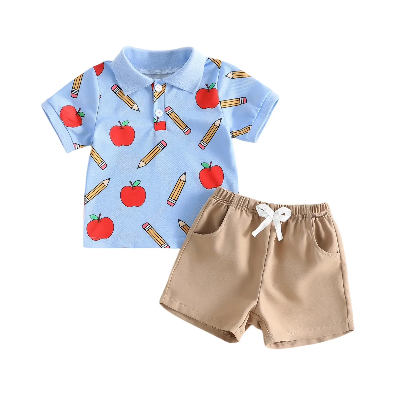 2Pcs Back to School Outfits for Toddler Boy Summer Short Sleeve Lapel Neck Pencil Print Tops and Elastic Waist Shorts Set