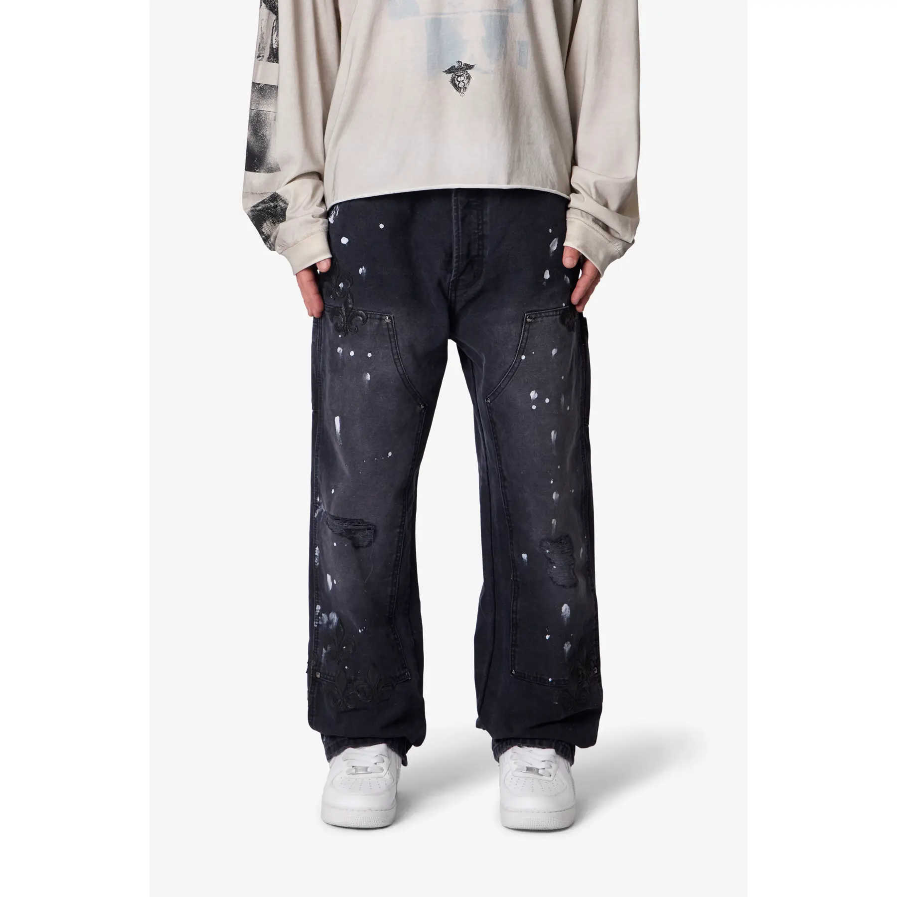 mnml Ultra Baggy Torn Fleur Double Knee Pants - Washed Black
