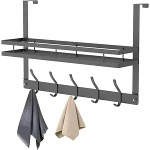 Carbon Steel Over The Door Hook No Punching Behind Door Hanger Rack with 5 Hooks and Basket Effective Space Use for Entryway