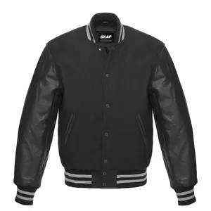 Letterman Varsity Jacket Wool & Real Leather Black/Gray Lines Collar Cotton