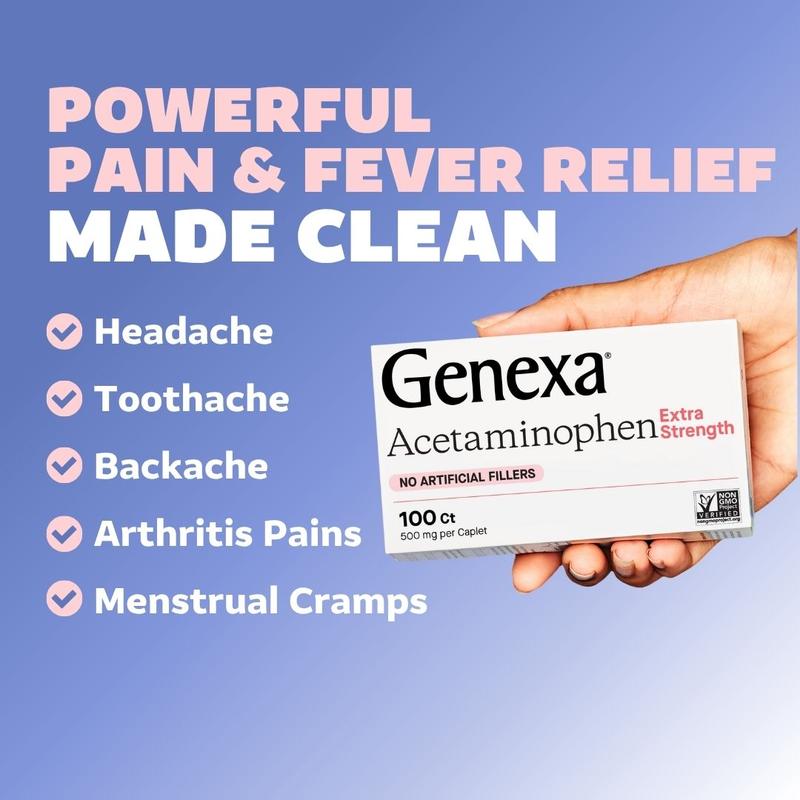 Genexa Clean Acetaminophen 500mg Extra Strength | Dye Free Pain Reliever Fever Reducer | 0% Artificial Additives | Pain Medicine for Adults | Relieves Headache, Backache, Minor Arthritis Pain, Menstrual Cramps