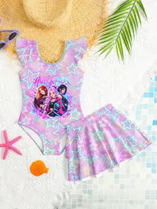 Girls' Kpop Sweet Cool Rock Style Swimsuit Set, Gradient Starry Sky Print, Summer Vacation Beach Casual Two-Piece