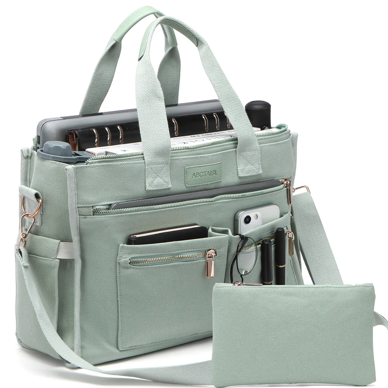 2PCS Large Canvas Tote Bag for Women, Laptop Tote , Multi-Pocket Crossbody Shoulder Work Bag with Zipper, Luggage Sleeve, Water Bottle Side Pockets, Handbag for Teacher Office Travel,Suitable for travel, work, and fitness.