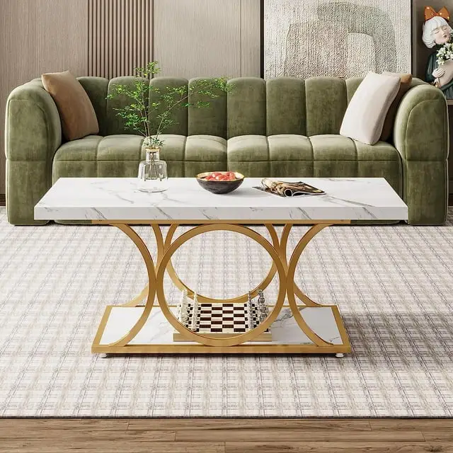 Tribesigns 47.24" Modern Coffee Table: 2-Tier Faux Marble & Wood Table with Geometric Metal Legs, Ideal Living Room Furniture with Handy Storage Shelf