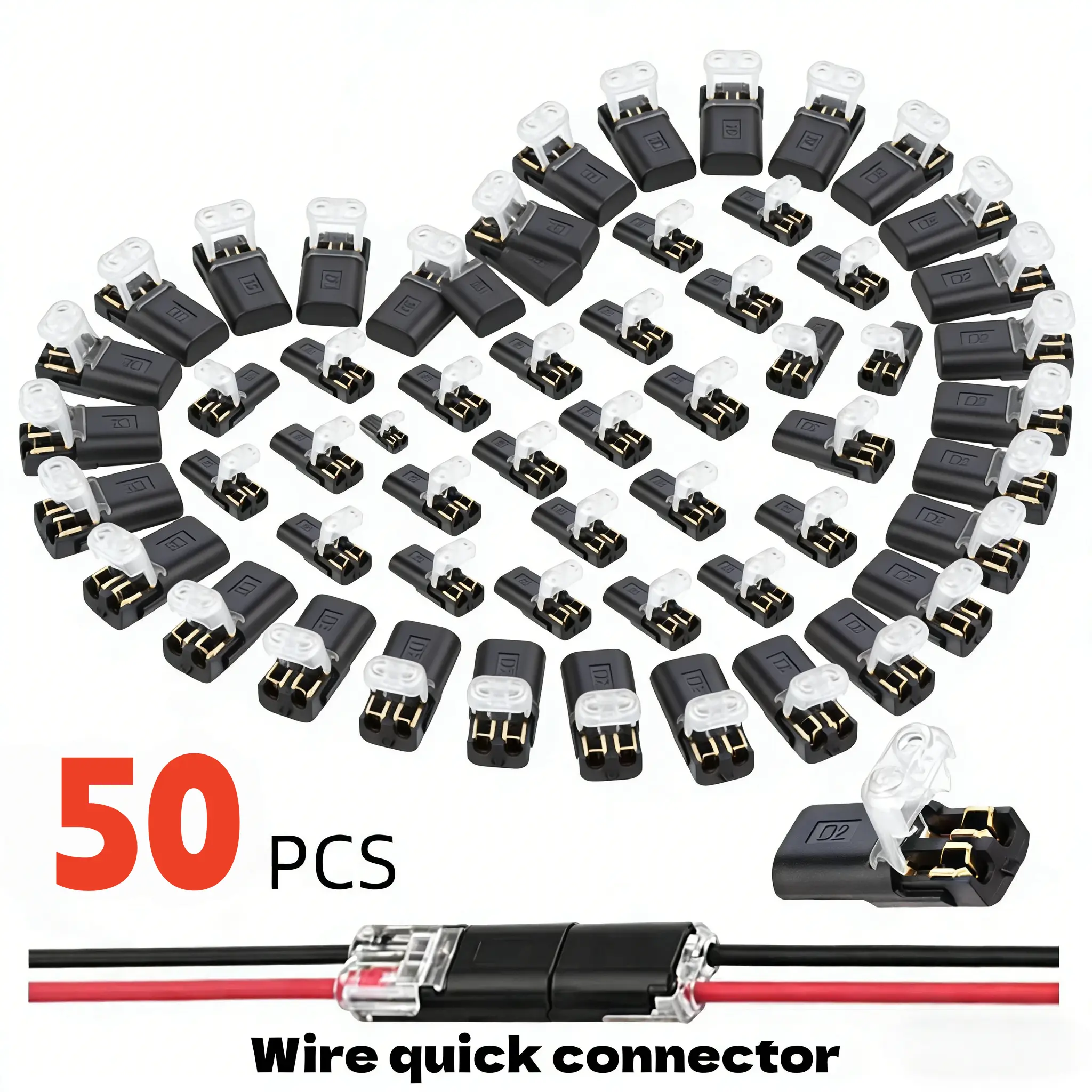 2-Pin Low Voltage LED Strip Double-Wire Lock Buckle Connectors - Quick Disconnect Plug Terminals, Snap-In Electrical Cable Block for LED Lights, Cars, Motorcycles, Fans, Switches, Lamps, TV Cord Hider