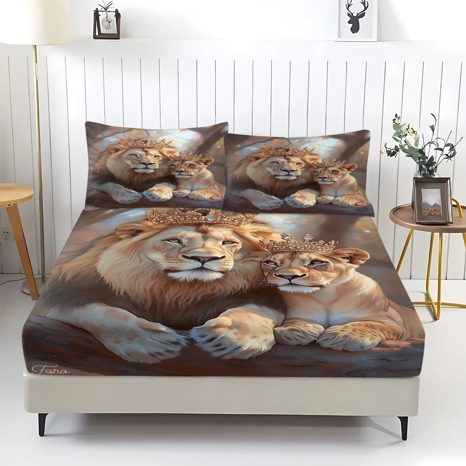 3Pcs Lion and Lioness Golden Crown Fitted Sheet Set, Bed Sheets Set ...