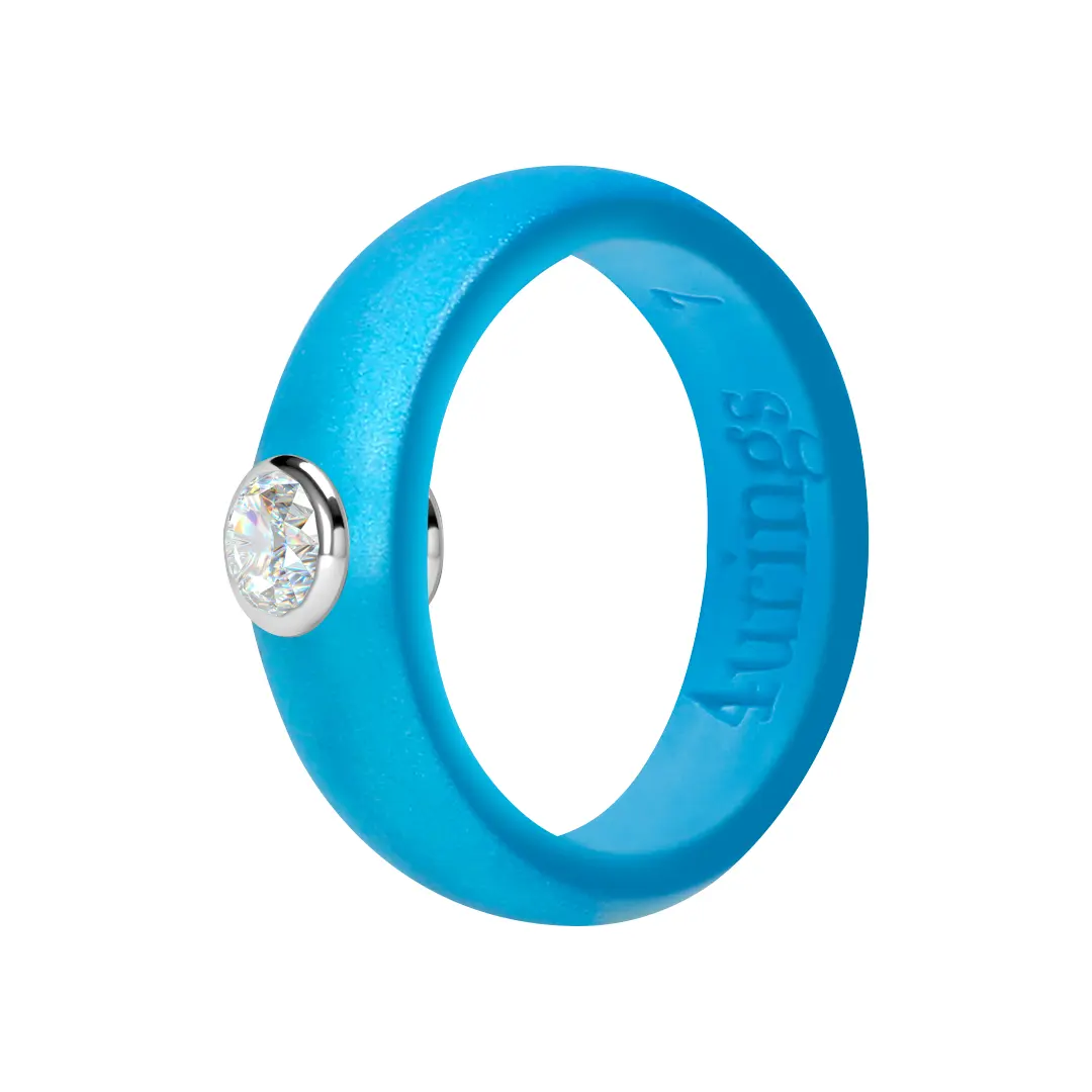 Women's Classic Metallic Sky Blue Silicone Ring - 5.7mm Band Width, Female Inlay Synthetic Coloured Gemstone Rhinestone Costume Jewelry for Everyday Wear, Rings for Women, Synthetic/Simulated Coloured Gemstone, Basic, Luxe Stone, Silicone Band, Band Width