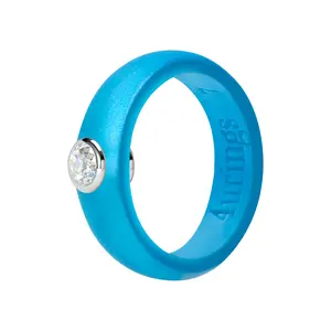 Metallic Sky Blue Silicone Women Ring With Diamond Rubber Engagement Rhinestone Ring
