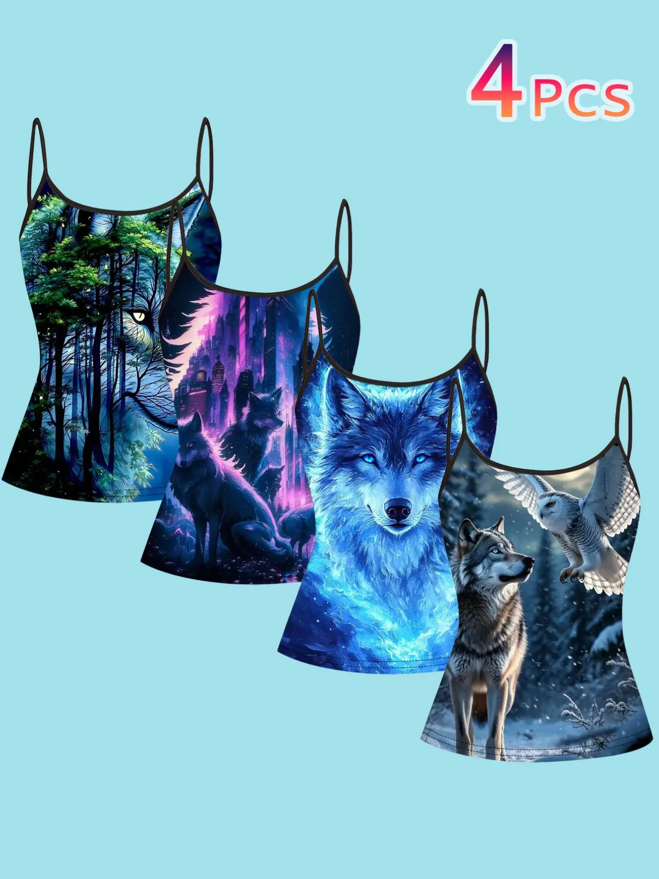 4 Piece Set Fantasy Wolf Spaghetti Strap Tank Tops, Blue Flame Wolf Forest Wolf Owl Wolf Print Slim Fit Inner Layer Outer Wear