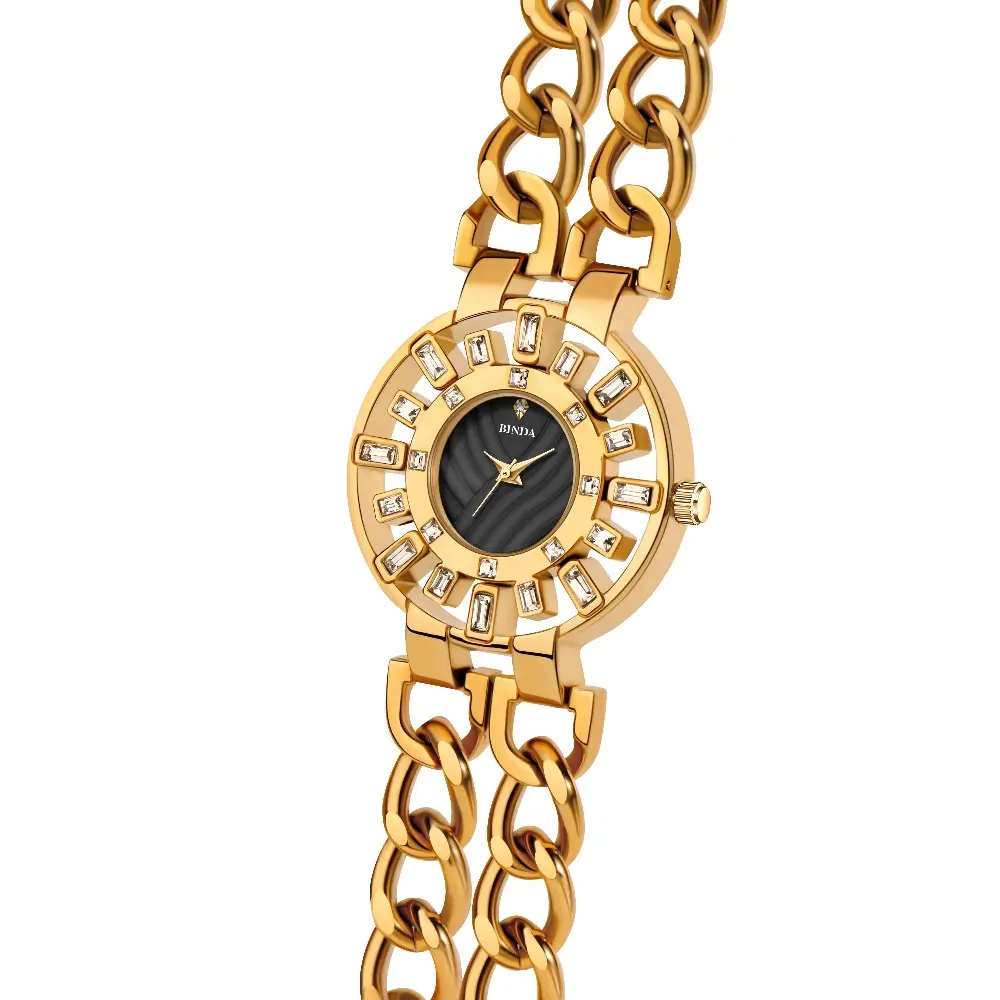 【Binda】1 pcs Women Quartz Bracelet Watch-Gold Chain Strap, 3D Embossed Crystal Dial, Luxury Fashion Timepiece with Gift Box