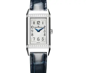 Jaeger-LeCoultre Reverso One 3288420 Quartz Stainless Steel Factory Diamonds Silver Dial Blue Leather Strap Ladies Watch WHP042399